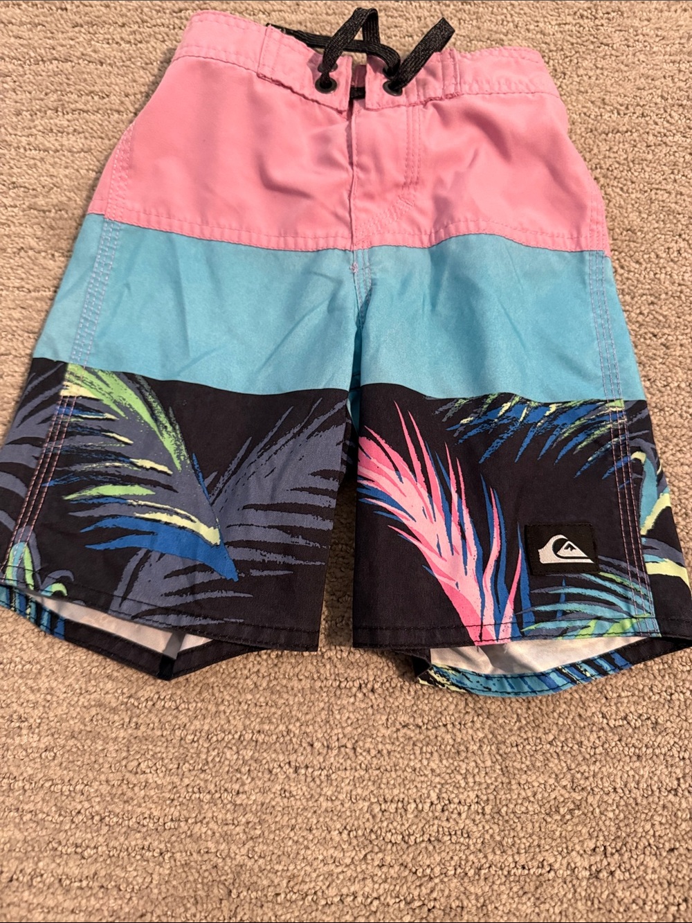 Quiksilver Pink Aqua Black Tropical Colorblock Swim Trunks